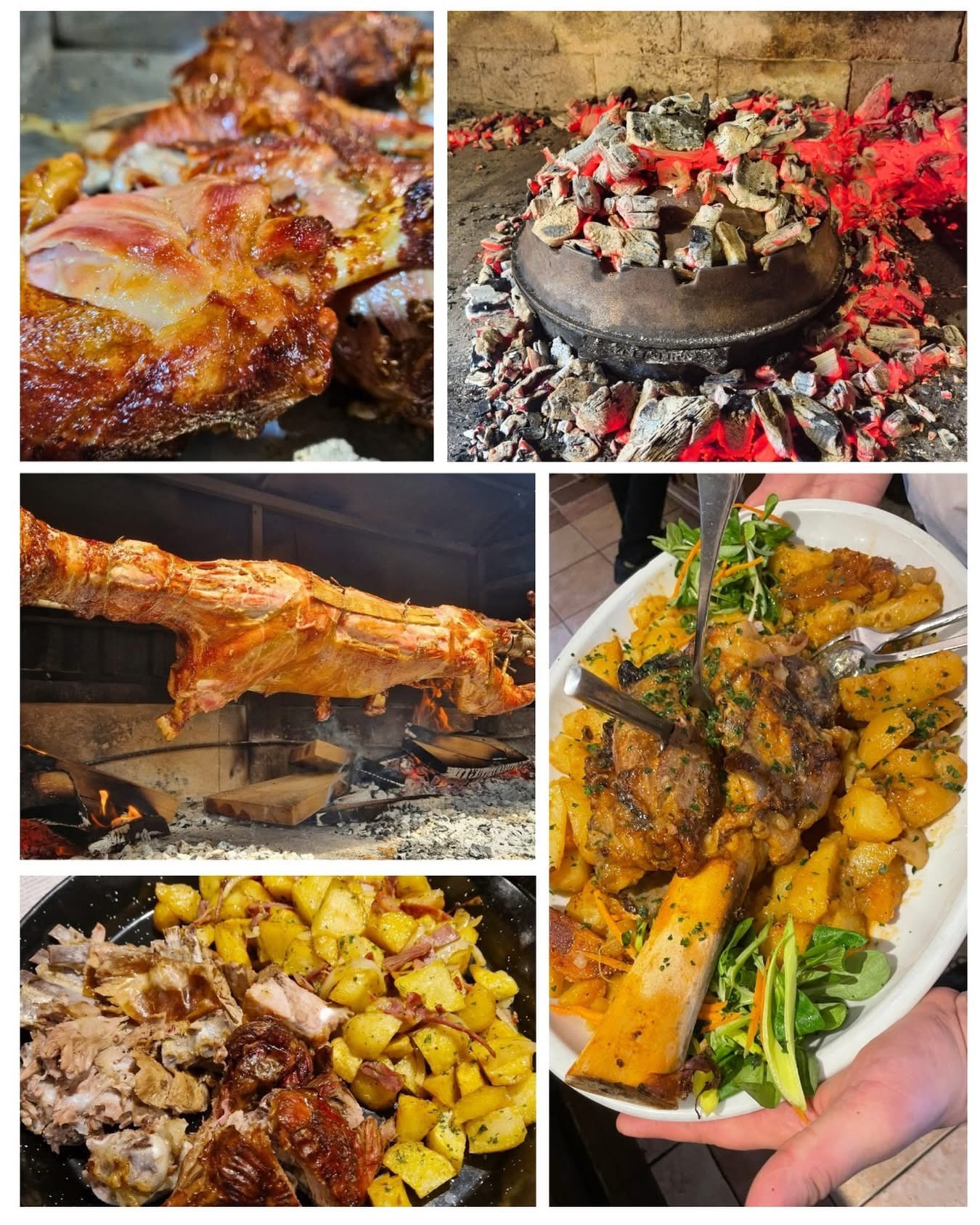 Stages of food preparation over open fire